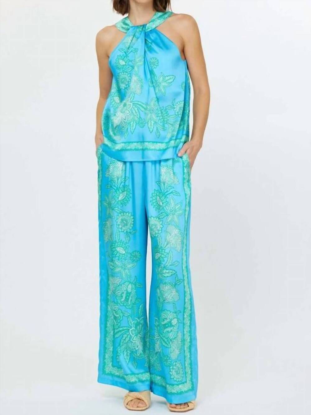 NEW CURRENT AIR aylani paisley silky halter top in blue
